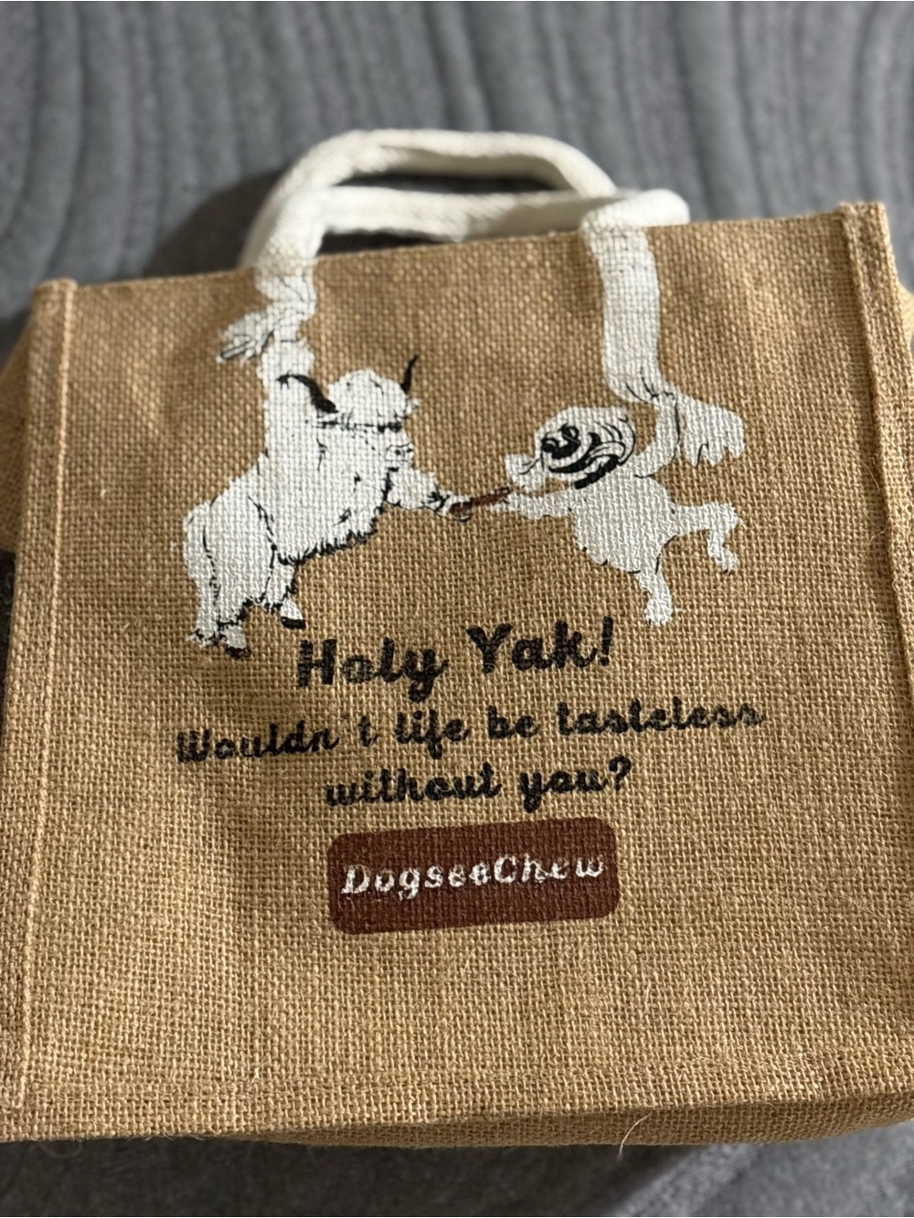 Holy Yak! DogseeChew Jute Tote Bag in Natural and White